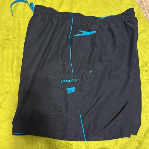 2pk Men’s Speedo Swim Trunks Sz XXL Black & Orange Navy & Royal Pockets and Mesh - Picture 3 of 5